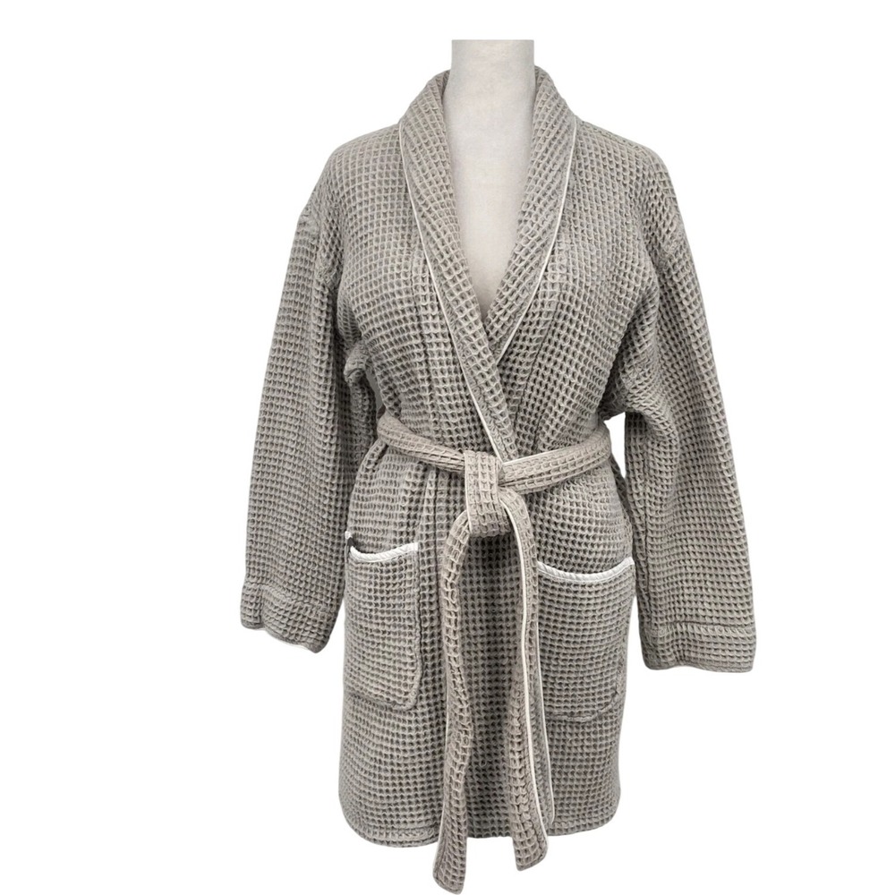 Boll & Branch Waffle Robe Organic Cotton Tan White Piping Fair Trade Sz S EUC